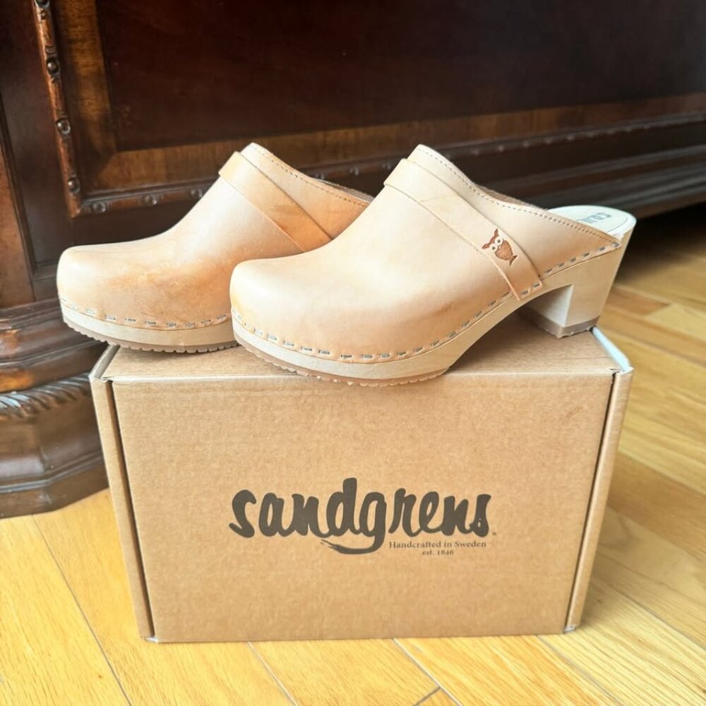 Sandgrens Swedish Handmade Leather Wooden Clog Mule Dublin Nude Size 40